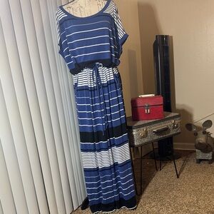 Ava & Viv Navy and White Striped Maxi Dress with Drawstring